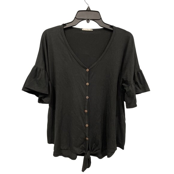 Reb In J Button Front Blouse Size Small Ruffled Sleeve Knot Front Black Feminine - Picture 1 of 7